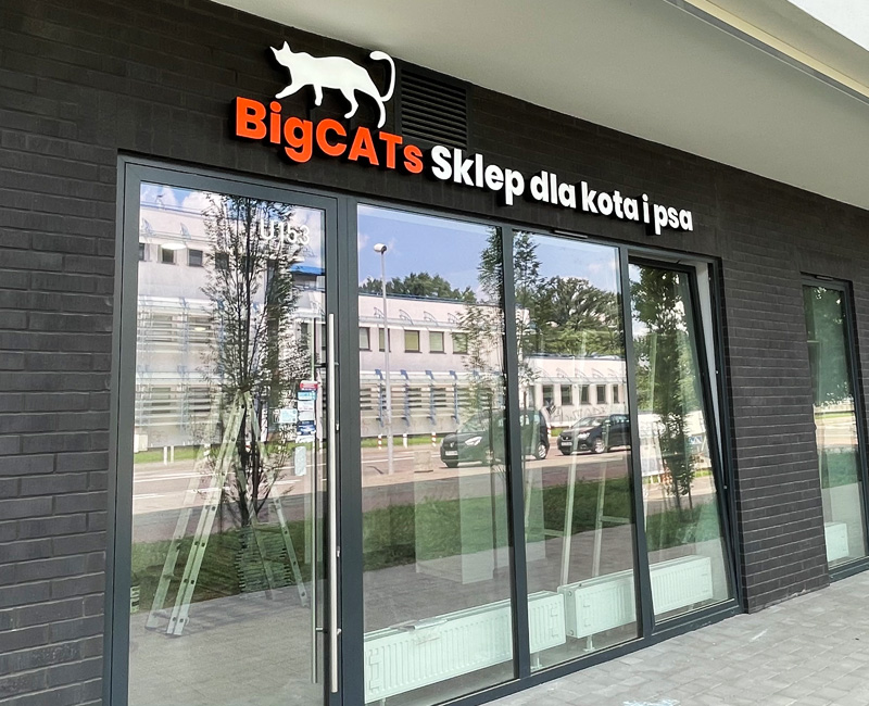 Biltery i logo podświetlane 3D LED na sklepie dla kota i psa BigCATs Reklama EFEKT